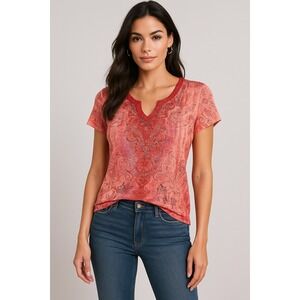 One World‎ Top Womens Plus Size 2X Pink Y2K Paisley Beaded Rhinestone Lace Trim
